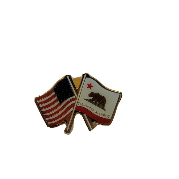 Double American Flag California Republic Lapel Pin - Picture 1 of 2